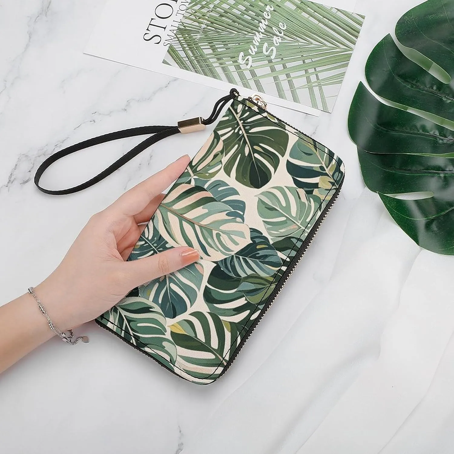 White Ed Tropical Botanical Leaves Wristlet Long Wallet Womens Purse Zip Clutch Large Capacity Leather Purse Credit Coin Purse
