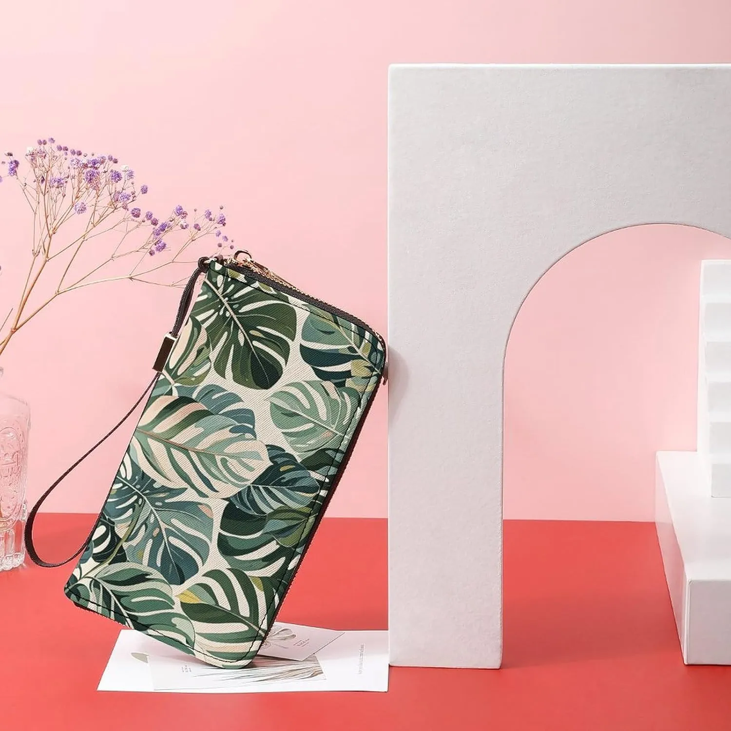 White Ed Tropical Botanical Leaves Wristlet Long Wallet Womens Purse Zip Clutch Large Capacity Leather Purse Credit Coin Purse