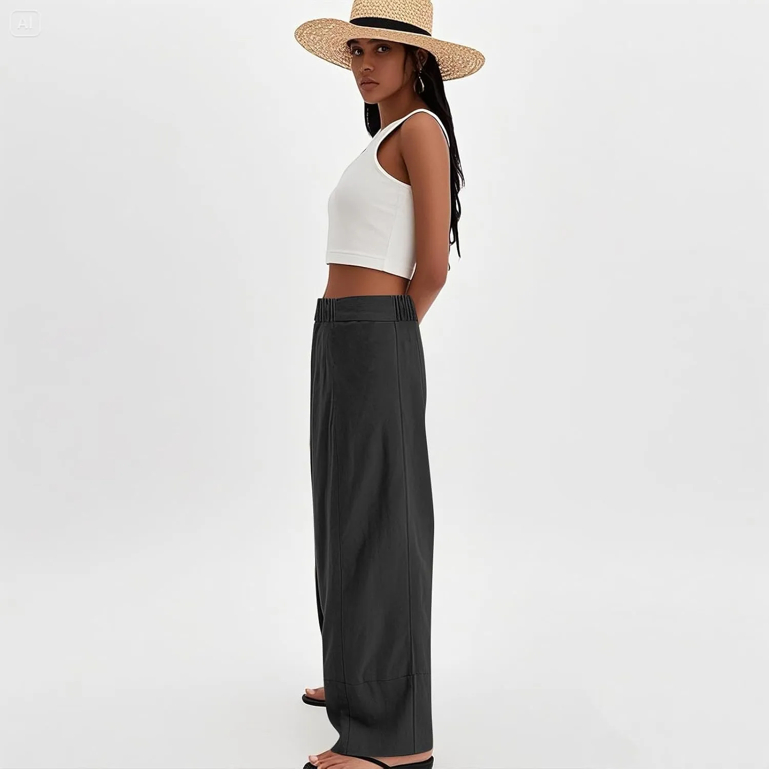 Wide Leg Linen Pants for Women Baggy Elastic High Waist Palazzo Pants Casual Summer Flowy Beach Trousers with Pockets