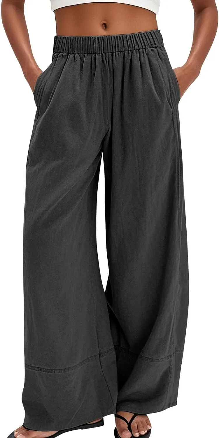 Wide Leg Linen Pants for Women Baggy Elastic High Waist Palazzo Pants Casual Summer Flowy Beach Trousers with Pockets