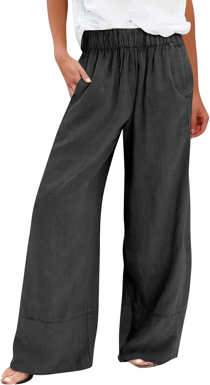 Wide Leg Linen Pants for Women Baggy Elastic High Waist Palazzo Pants Casual Summer Flowy Beach Trousers with Pockets