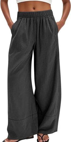 Wide Leg Linen Pants for Women Baggy Elastic High Waist Palazzo Pants Casual Summer Flowy Beach Trousers with Pockets