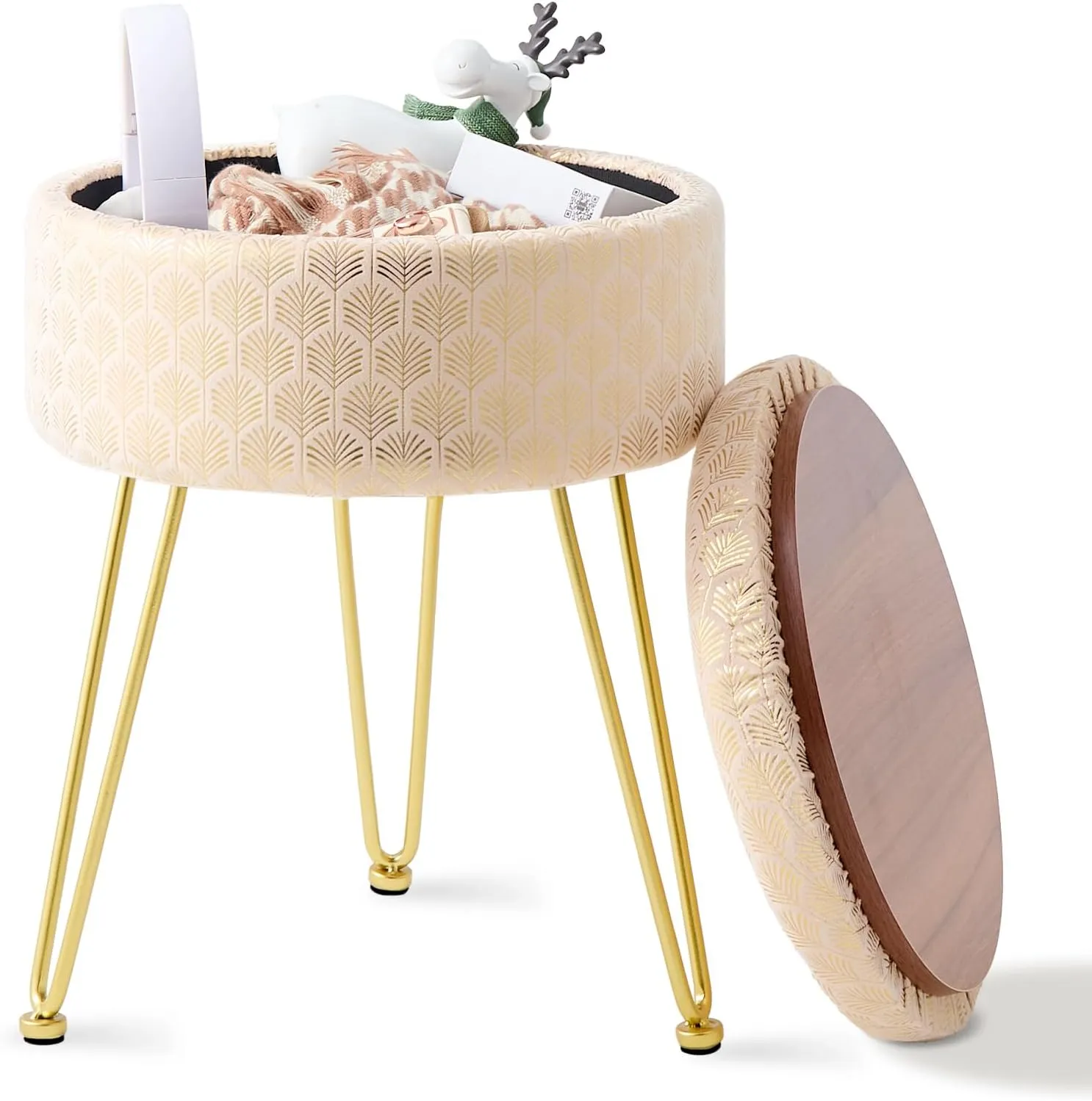 Wimarsbon Round Ottoman with Storage Modern Velvet Footrest Stool Upholstered Footstool Vanity Stool with Solid Wood Frame & Metal Legs Multifunctional Ottomans for Living Room (Champagne)