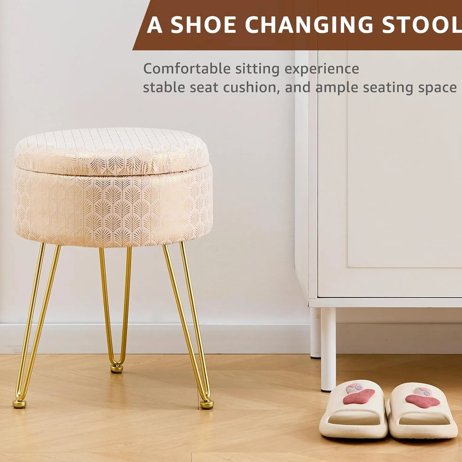 Wimarsbon Round Ottoman with Storage Modern Velvet Footrest Stool Upholstered Footstool Vanity Stool with Solid Wood Frame & Metal Legs Multifunctional Ottomans for Living Room (Champagne)