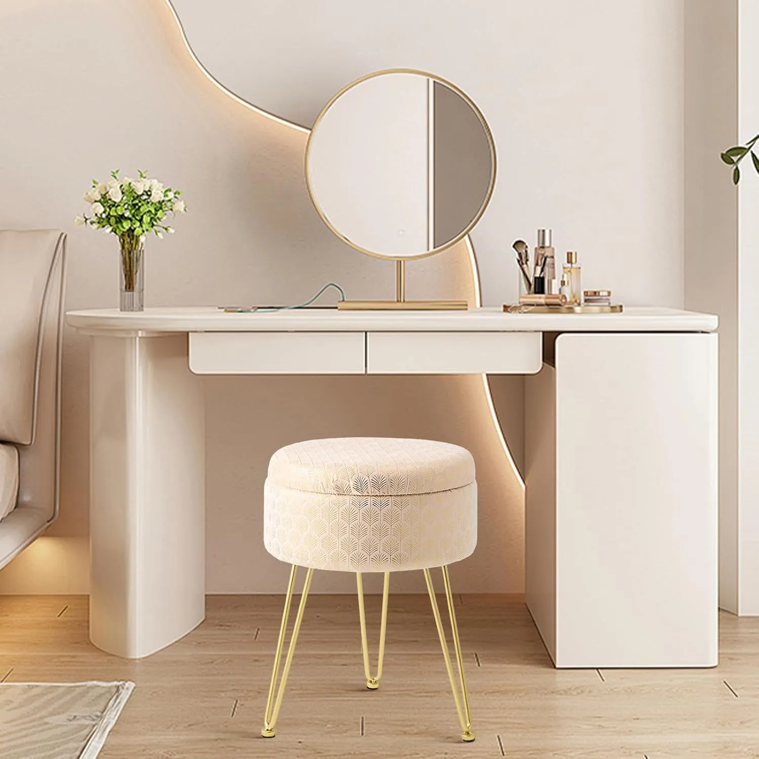 Wimarsbon Round Ottoman with Storage Modern Velvet Footrest Stool Upholstered Footstool Vanity Stool with Solid Wood Frame & Metal Legs Multifunctional Ottomans for Living Room (Champagne)