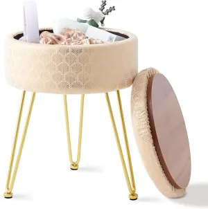 Wimarsbon Round Ottoman with Storage Modern Velvet Footrest Stool Upholstered Footstool Vanity Stool with Solid Wood Frame & Metal Legs Multifunctional Ottomans for Living Room (Champagne)