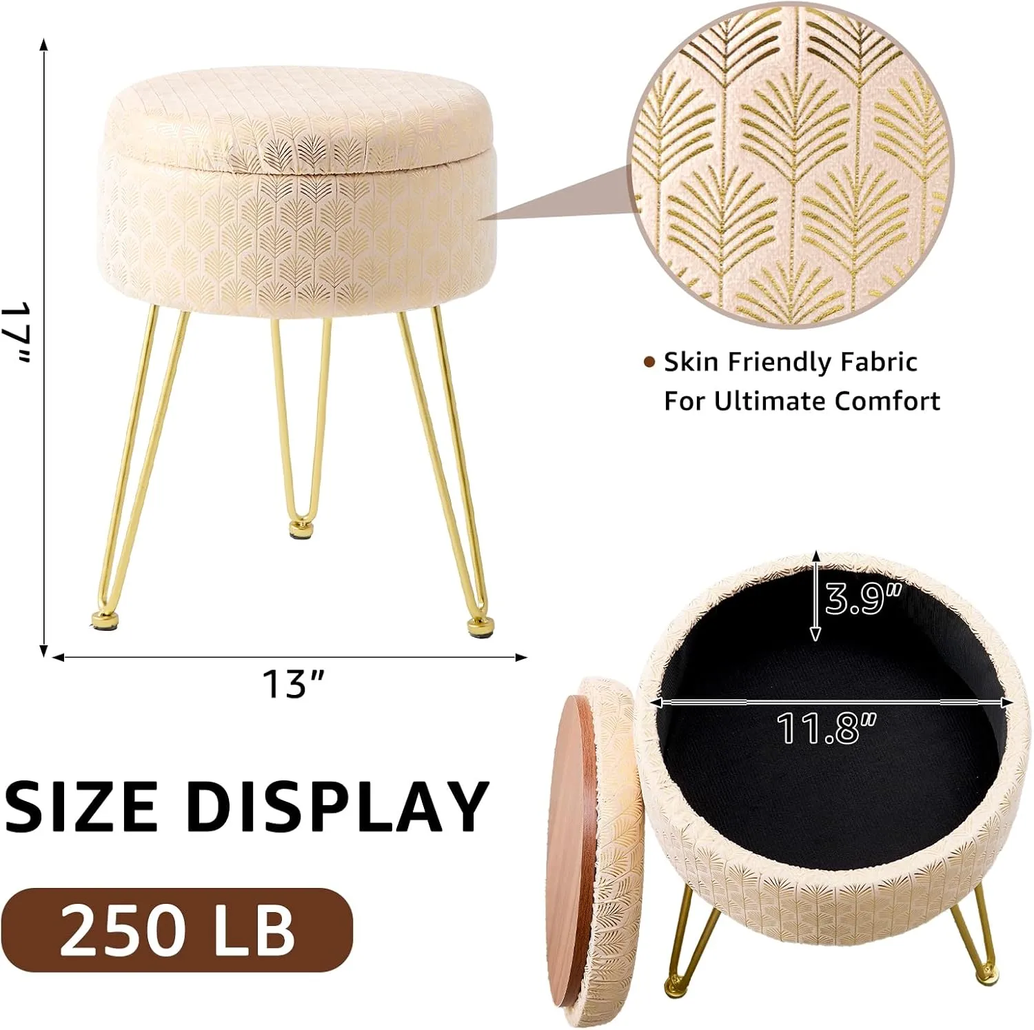 Wimarsbon Round Ottoman with Storage Modern Velvet Footrest Stool Upholstered Footstool Vanity Stool with Solid Wood Frame & Metal Legs Multifunctional Ottomans for Living Room (Champagne)