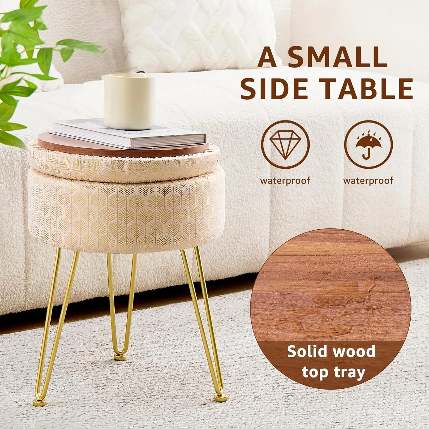 Wimarsbon Round Ottoman with Storage Modern Velvet Footrest Stool Upholstered Footstool Vanity Stool with Solid Wood Frame & Metal Legs Multifunctional Ottomans for Living Room (Champagne)