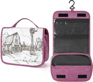 Windmill Print,Toiletry Bag Travel Bag with Hanging Hook,Farmhouse Hand Drawn Countryside,Water-resistant Makeup Cosmetic Bag Organizer for Makeup Accessories,Brown And White