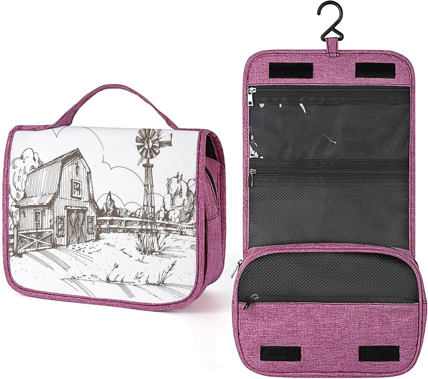 Windmill Print,Toiletry Bag Travel Bag with Hanging Hook,Farmhouse Hand Drawn Countryside,Water-resistant Makeup Cosmetic Bag Organizer for Makeup Accessories,Brown And White