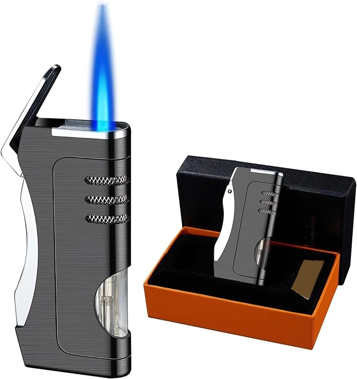 Windproof Butane Gas Lighter, Metal Jet Flame Lighter, Jet Torch Lighter, Adjustable Jet Flame refillable Butane Lighter for Indoor and Outdoor use, Candles, Camping (Butane not Included)(Black)