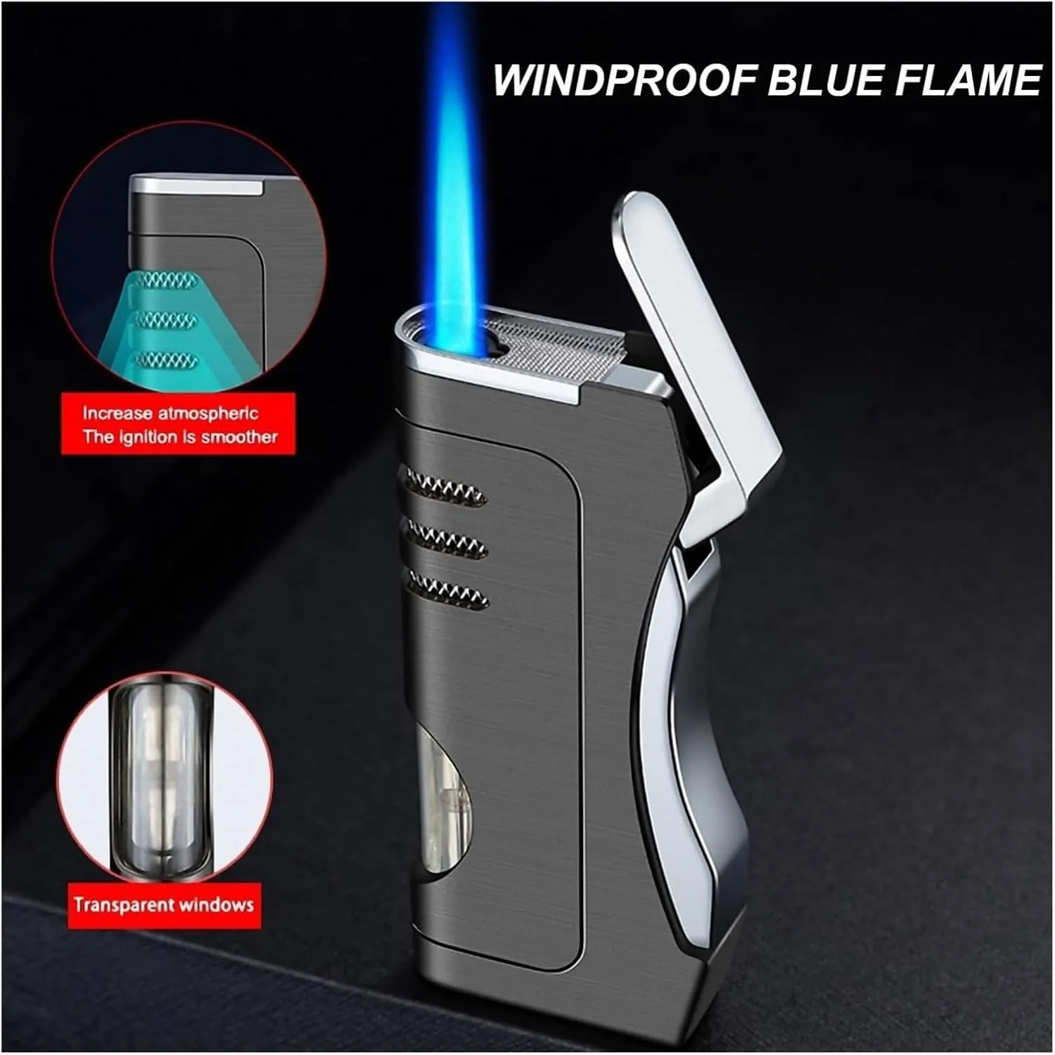 Windproof Butane Gas Lighter, Metal Jet Flame Lighter, Jet Torch Lighter, Adjustable Jet Flame refillable Butane Lighter for Indoor and Outdoor use, Candles, Camping (Butane not Included)(Black)
