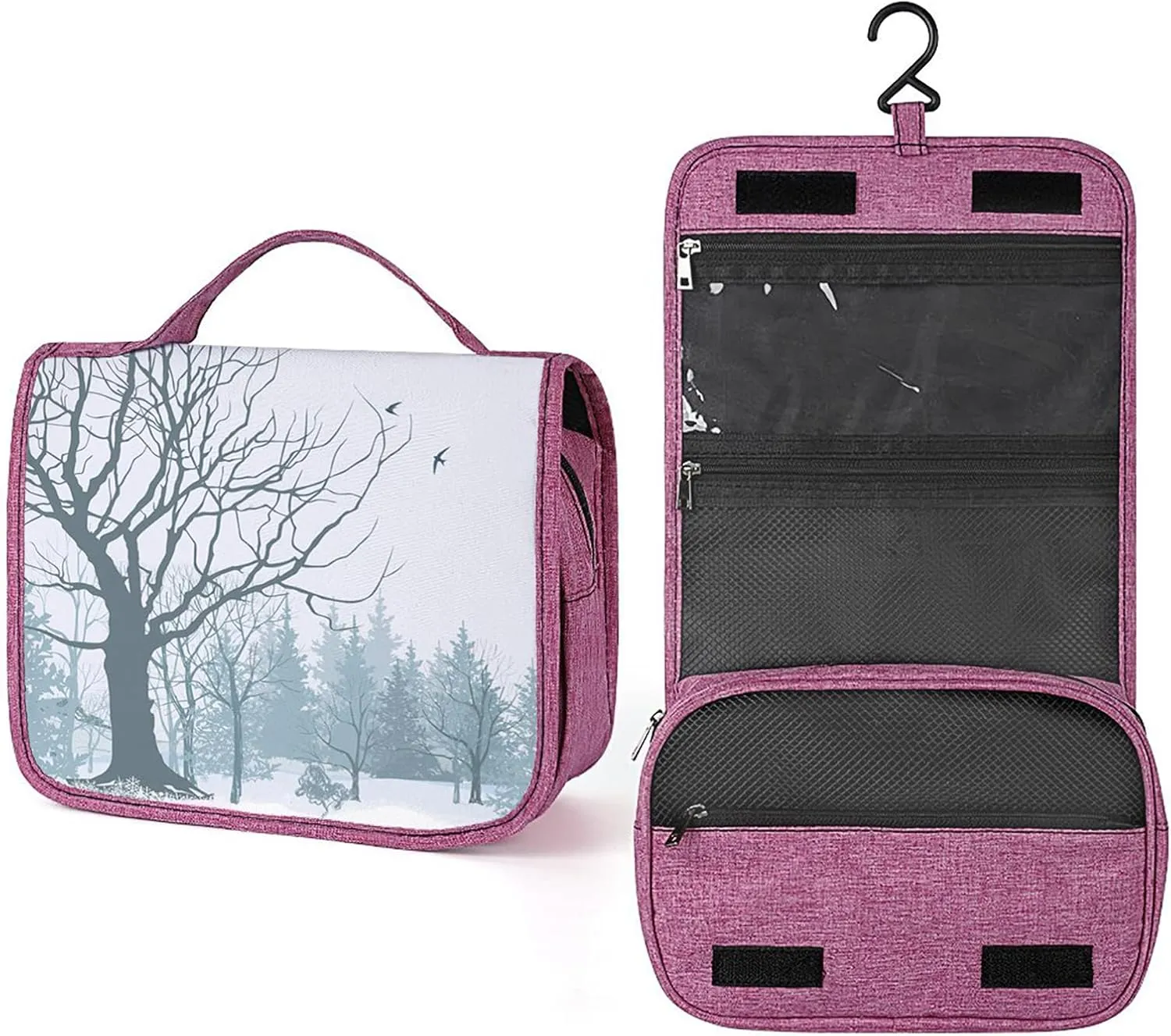 Winter Theme,Waterproof Travel Toiletry Hanging Bag,Tree Without Leaves in The Snowy,Makeup bag,Travel Organizers,Cosmetic Travel-Sized Container,Large Capacity for Women,Blue, Blue_13