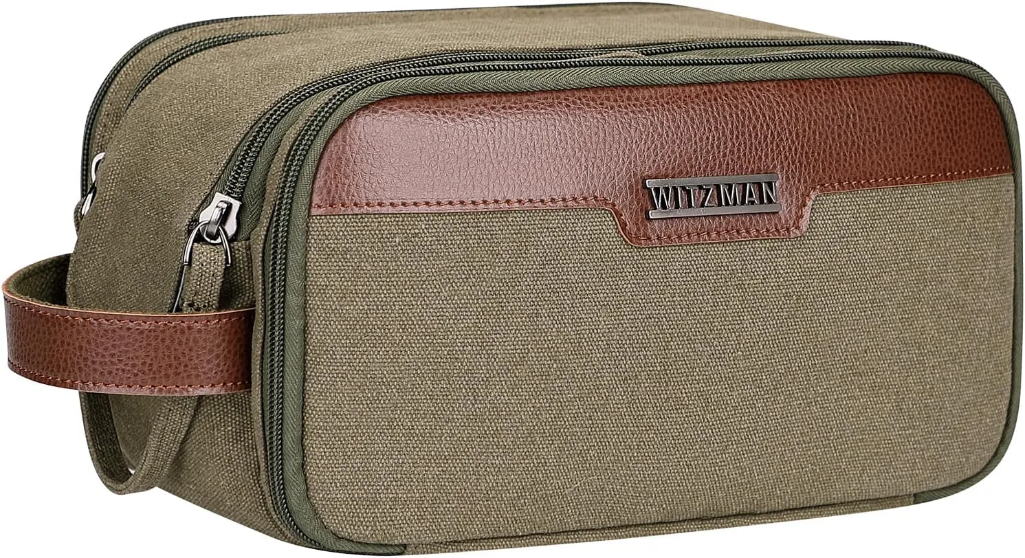 WITZMAN Canvas Toiletry Bag for Men Large Capacity Hanging Dopp kit for Men Leather Toiletries Water-resistant Bathroom Bag(A8002 Army Green)