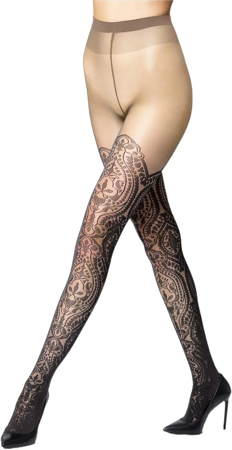 Wolford Ornament Tights For Women 20 Den Pantyhose Hosiery Sheer-Opaque Stylish Pattern Matte Finish Soft Knitted Waistband