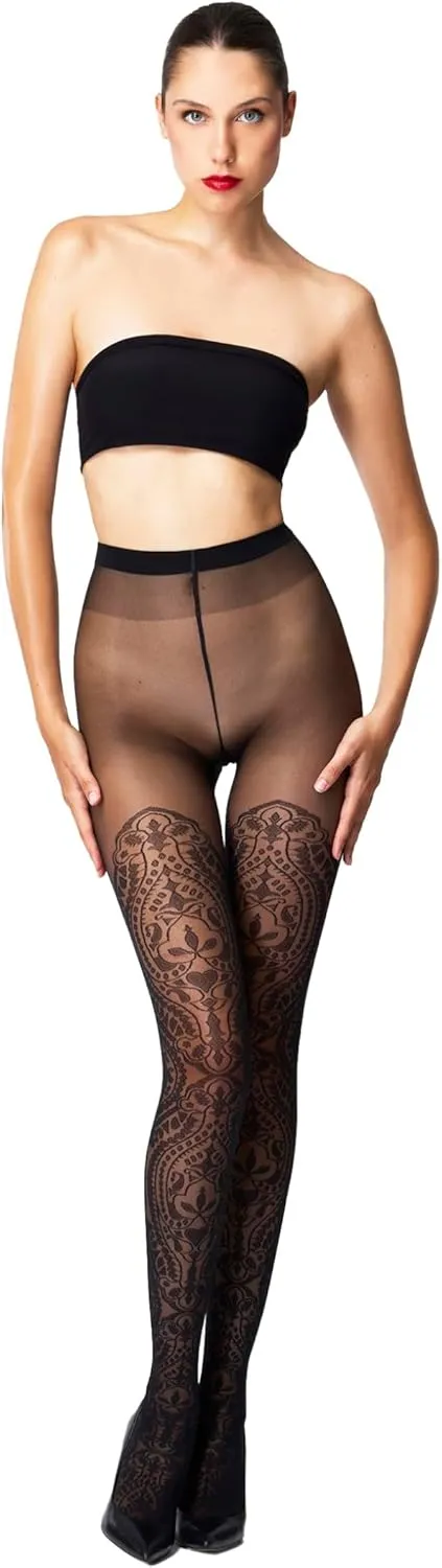 Wolford Ornament Tights For Women 20 Den Pantyhose Hosiery Sheer-Opaque Stylish Pattern Matte Finish Soft Knitted Waistband