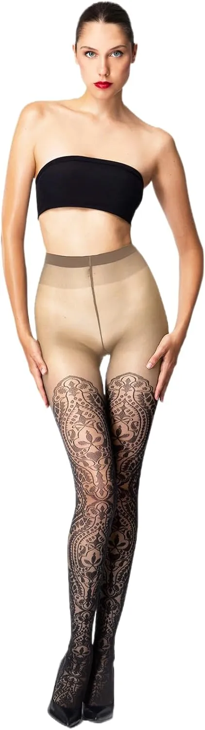 Wolford Ornament Tights For Women 20 Den Pantyhose Hosiery Sheer-Opaque Stylish Pattern Matte Finish Soft Knitted Waistband