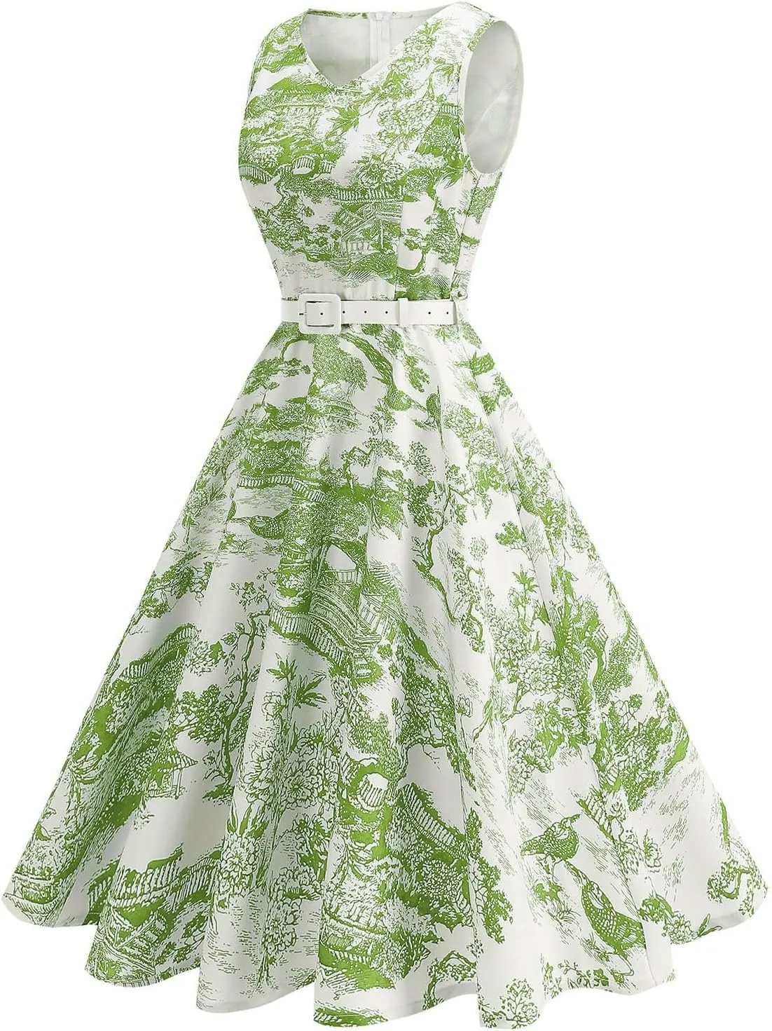 Women 1950s Vintage Rockabilly Cocktail Swing Dress Pinup 50s Retro Hepburn V Neck Sleeveless Print A-Line Belted Dress