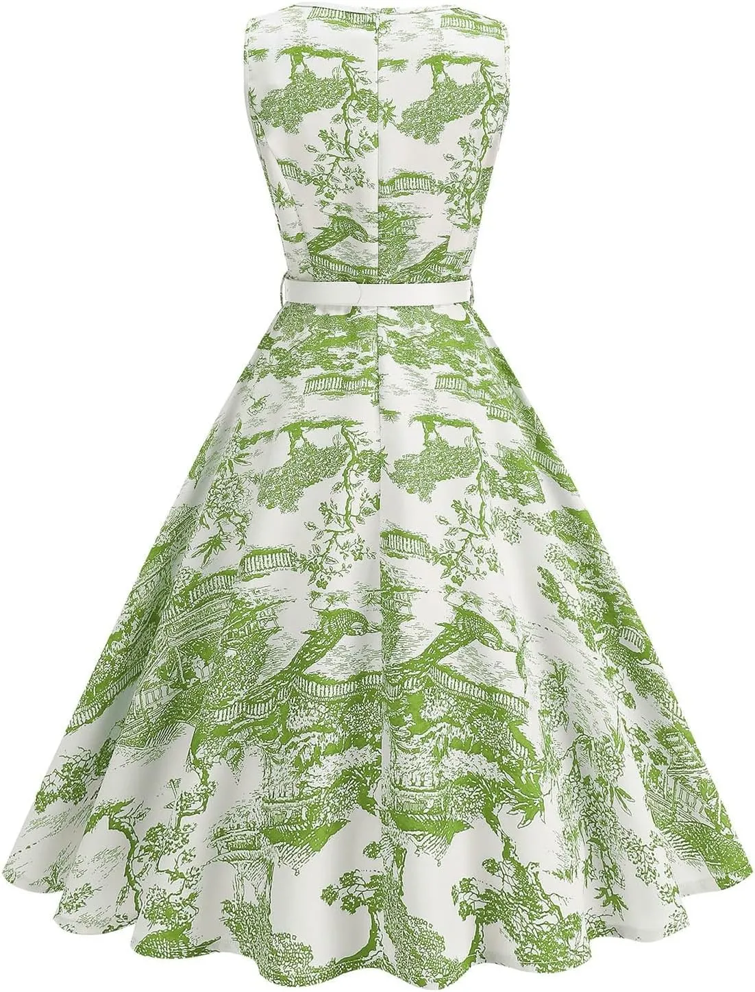 Women 1950s Vintage Rockabilly Cocktail Swing Dress Pinup 50s Retro Hepburn V Neck Sleeveless Print A-Line Belted Dress