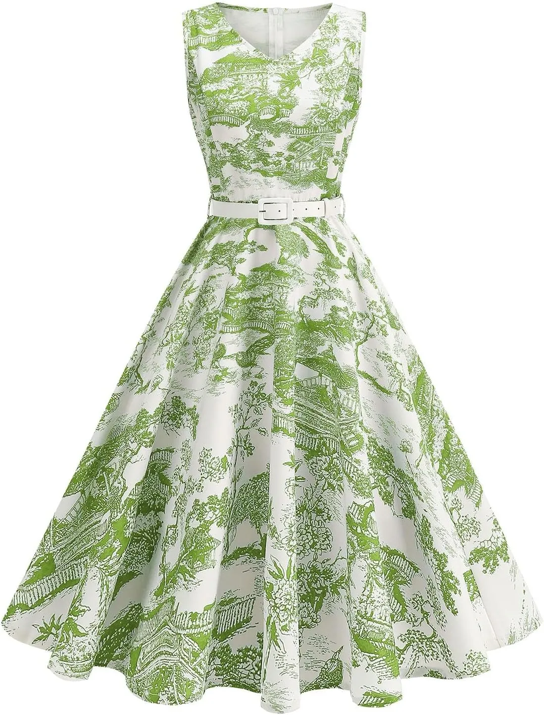 Women 1950s Vintage Rockabilly Cocktail Swing Dress Pinup 50s Retro Hepburn V Neck Sleeveless Print A-Line Belted Dress