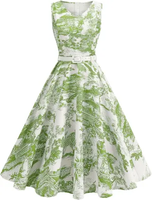 Women 1950s Vintage Rockabilly Cocktail Swing Dress Pinup 50s Retro Hepburn V Neck Sleeveless Print A-Line Belted Dress