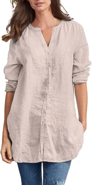 Women Button Down Linen Shirts Roll Up Sleeve 3/4 Sleeve Summer Tops Loose Fit Casual V Neck Blouse 2025 Trendy Outfit