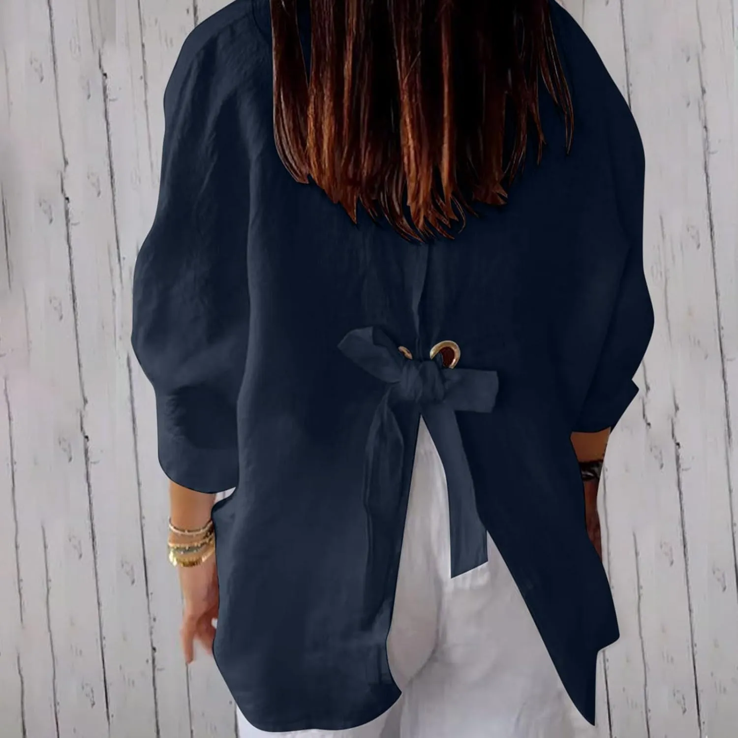 Women Button Down Shirts Cotton Linen Blouse Tops 3/4 Sleeve Gauze Collar Shirt Tunic Loose Fit Fashion Trendy Clothes