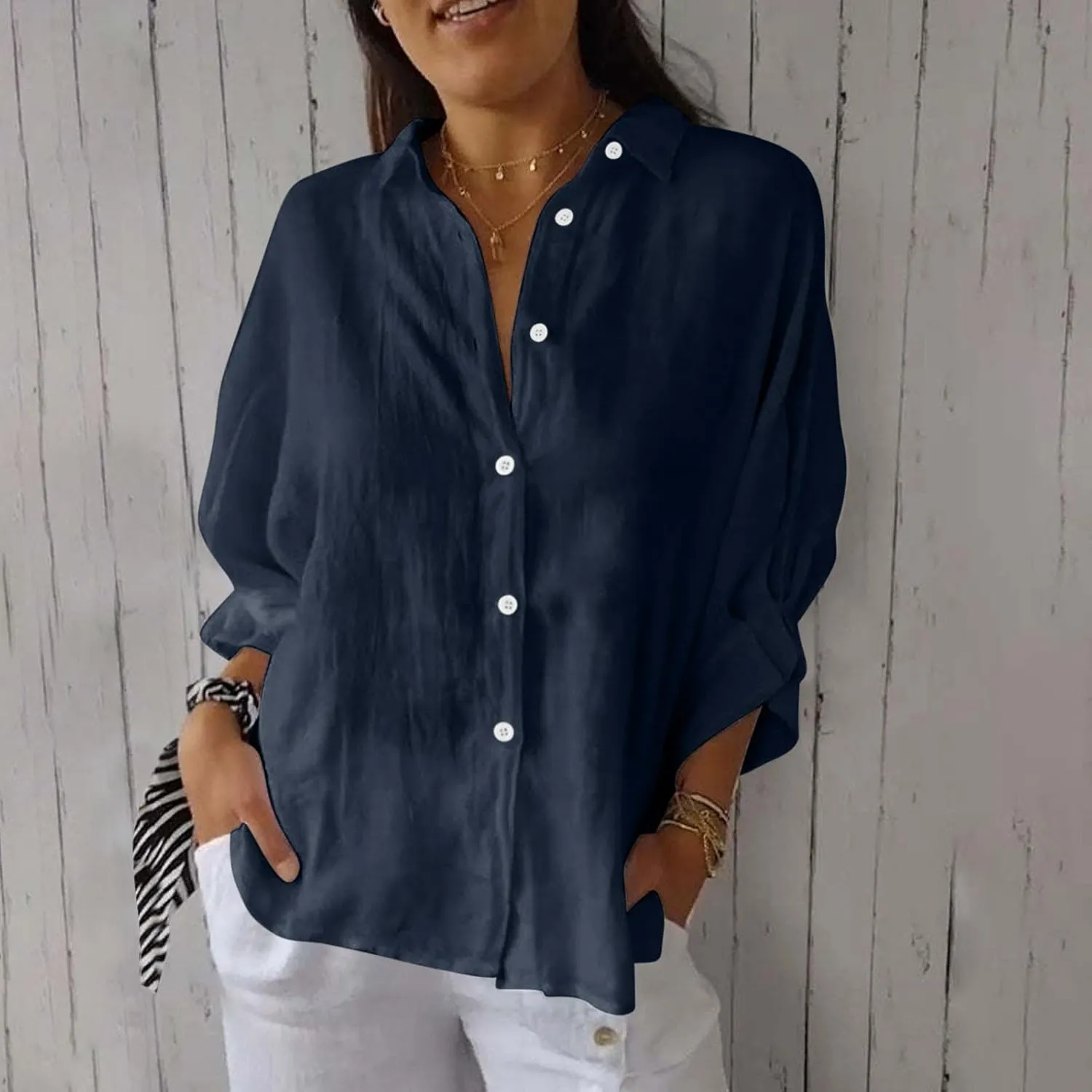 Women Button Down Shirts Cotton Linen Blouse Tops 3/4 Sleeve Gauze Collar Shirt Tunic Loose Fit Fashion Trendy Clothes