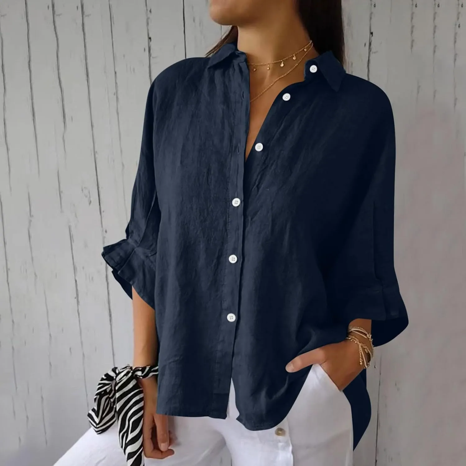 Women Button Down Shirts Cotton Linen Blouse Tops 3/4 Sleeve Gauze Collar Shirt Tunic Loose Fit Fashion Trendy Clothes