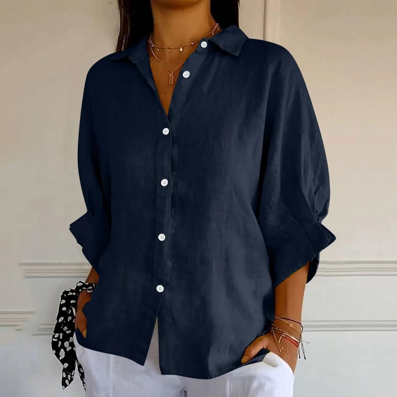 Women Button Down Shirts Cotton Linen Blouse Tops 3/4 Sleeve Gauze Collar Shirt Tunic Loose Fit Fashion Trendy Clothes