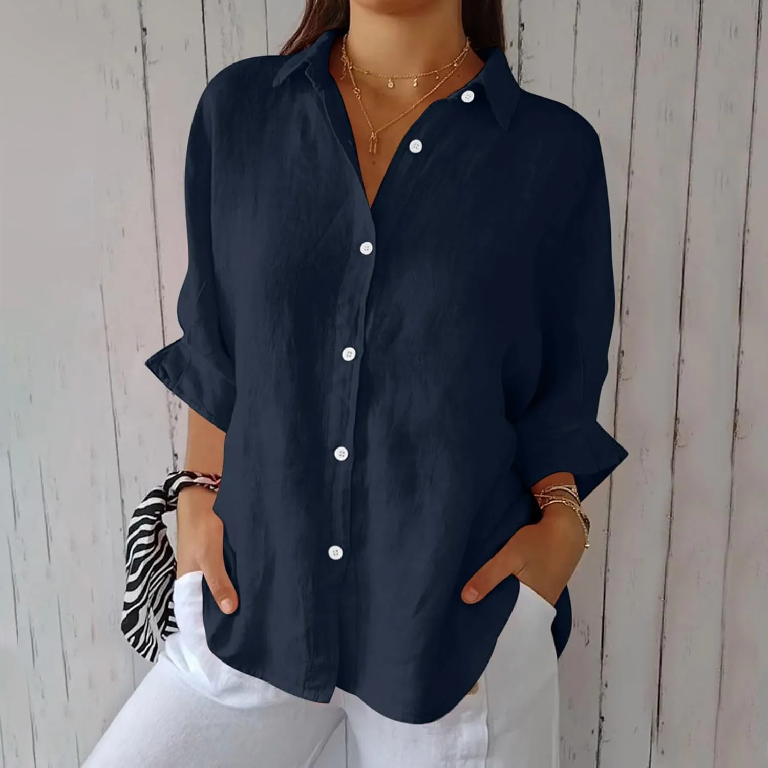 Women Button Down Shirts Cotton Linen Blouse Tops 3/4 Sleeve Gauze Collar Shirt Tunic Loose Fit Fashion Trendy Clothes