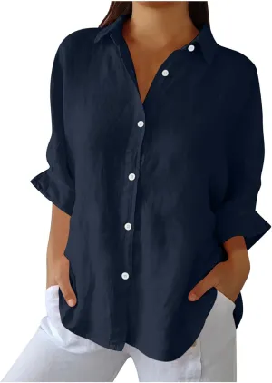 Women Button Down Shirts Cotton Linen Blouse Tops 3/4 Sleeve Gauze Collar Shirt Tunic Loose Fit Fashion Trendy Clothes
