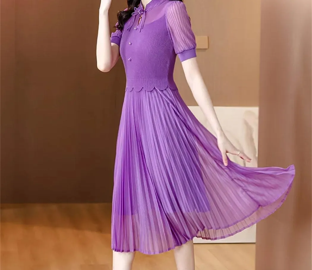 Women Chinese Style Elegant High Waist Dress Summer Short Sleeve Casual Bodycon Evening Dress