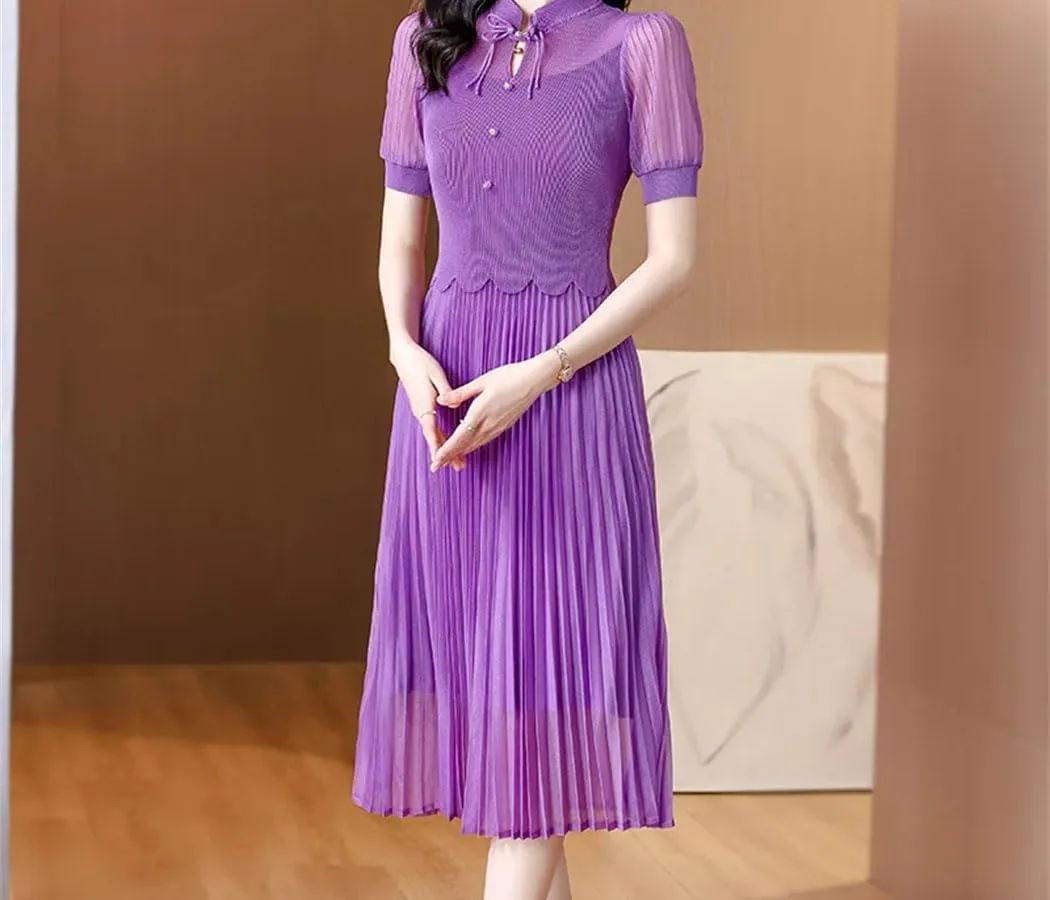Women Chinese Style Elegant High Waist Dress Summer Short Sleeve Casual Bodycon Evening Dress