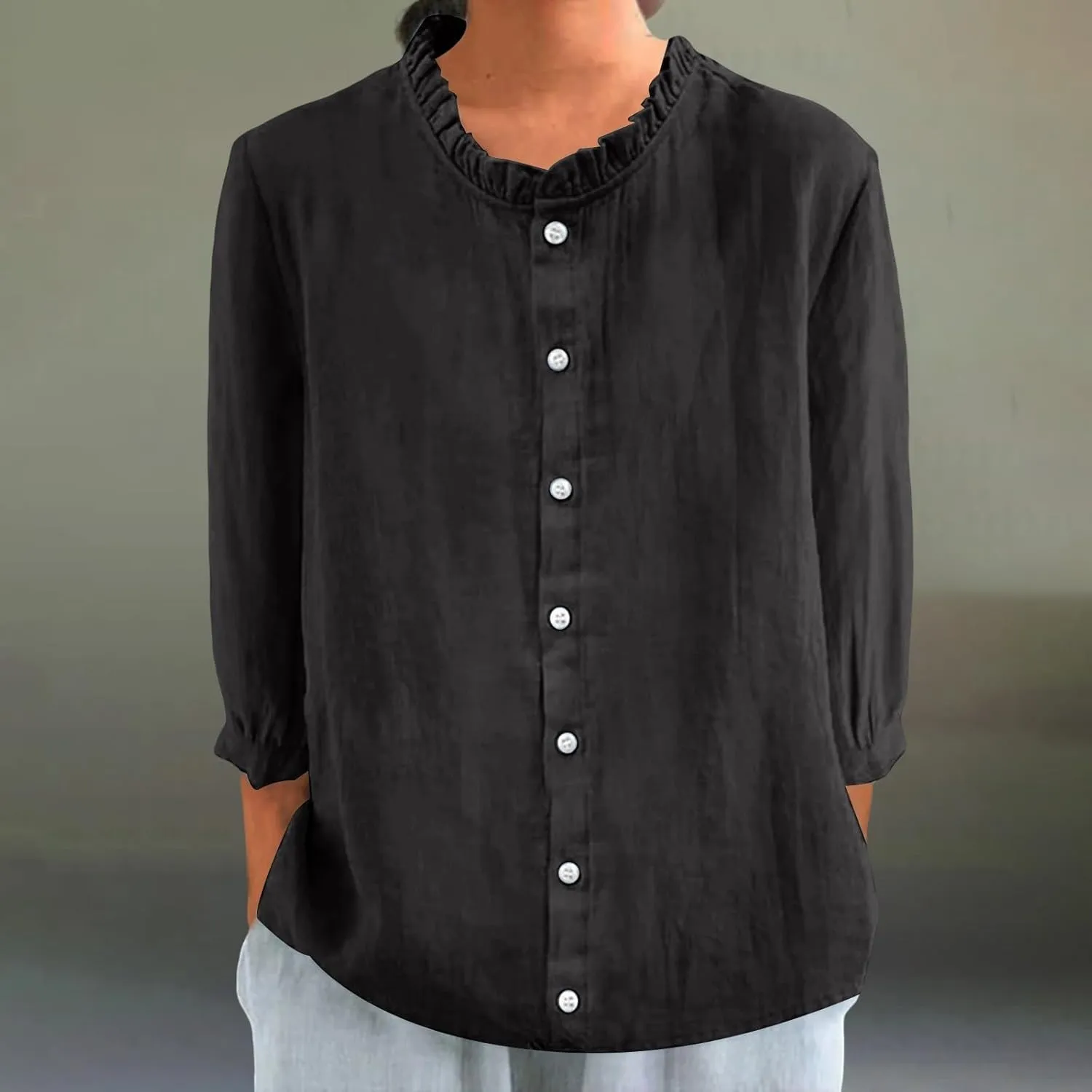 Women Cotton Linen Shirts Casual 3/4 Sleeve Frill Neck Pullover Blouses for Summer Dressy Solid Gauze Tunic Tops