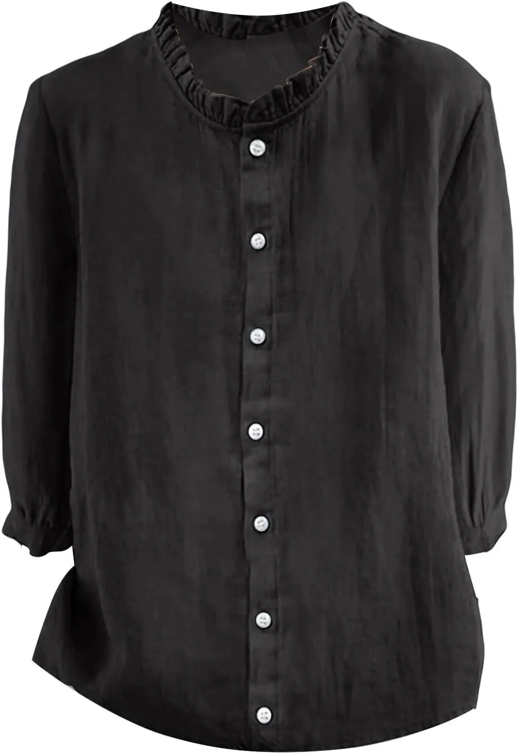 Women Cotton Linen Shirts Casual 3/4 Sleeve Frill Neck Pullover Blouses for Summer Dressy Solid Gauze Tunic Tops