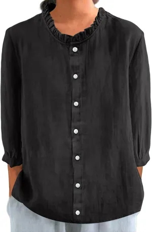 Women Cotton Linen Shirts Casual 3/4 Sleeve Frill Neck Pullover Blouses for Summer Dressy Solid Gauze Tunic Tops