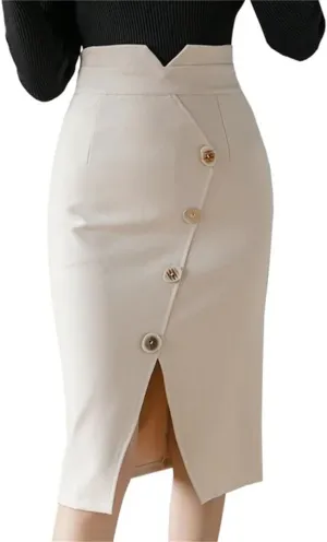 Women Fashion Knee Length Bodycon Pnecil Skirt Korean Elegant Sexy Office Button High Waist Skirts