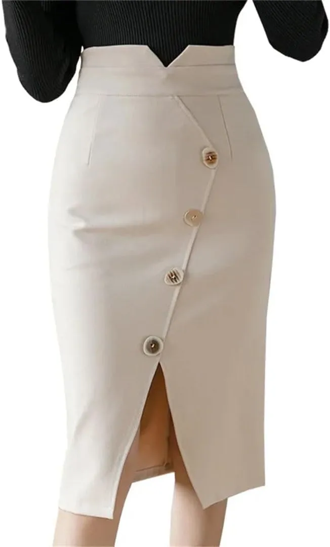 Women Fashion Knee Length Bodycon Pnecil Skirt Korean Elegant Sexy Office Button High Waist Skirts