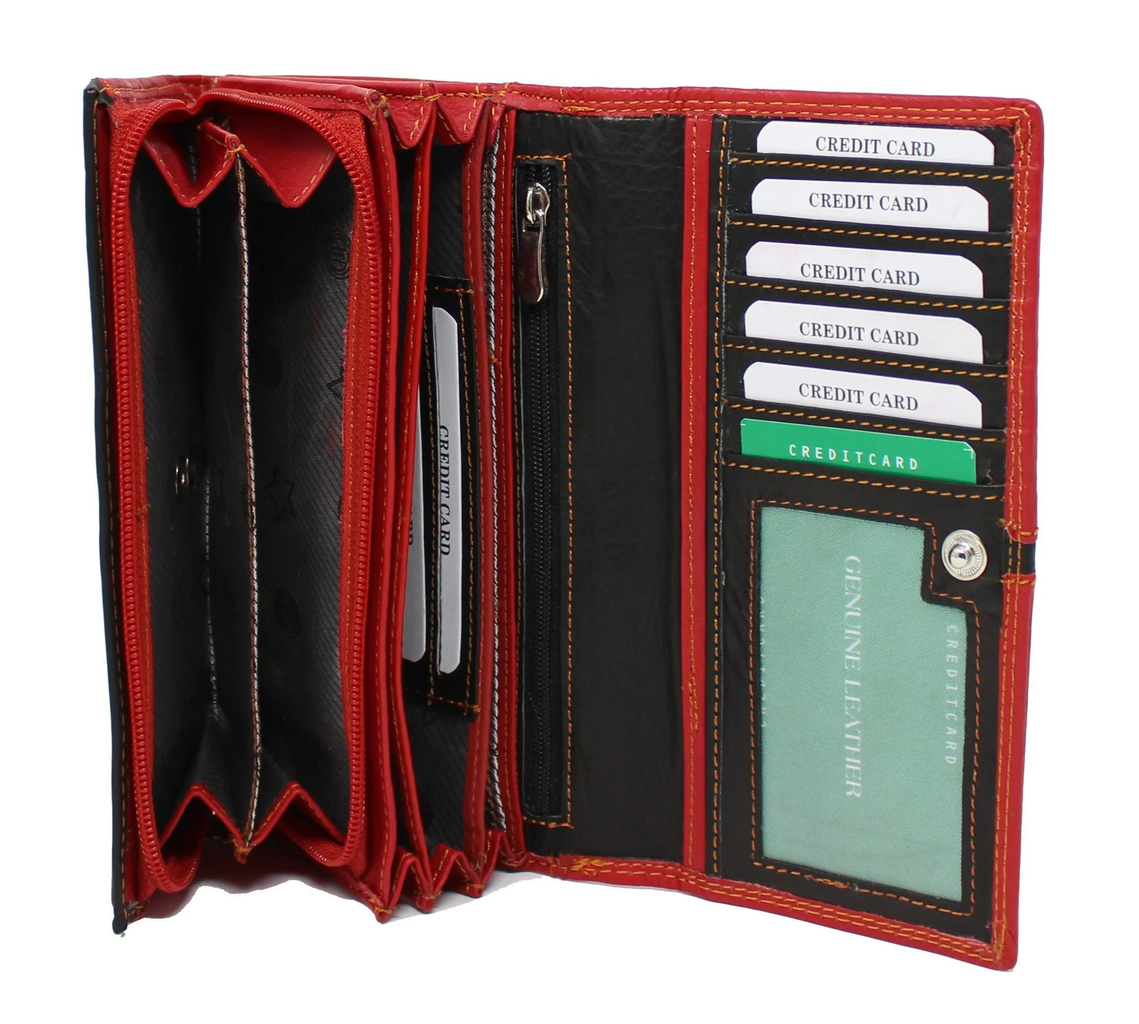 Women Genuine Leather RFID Clutch Wallet Red Black