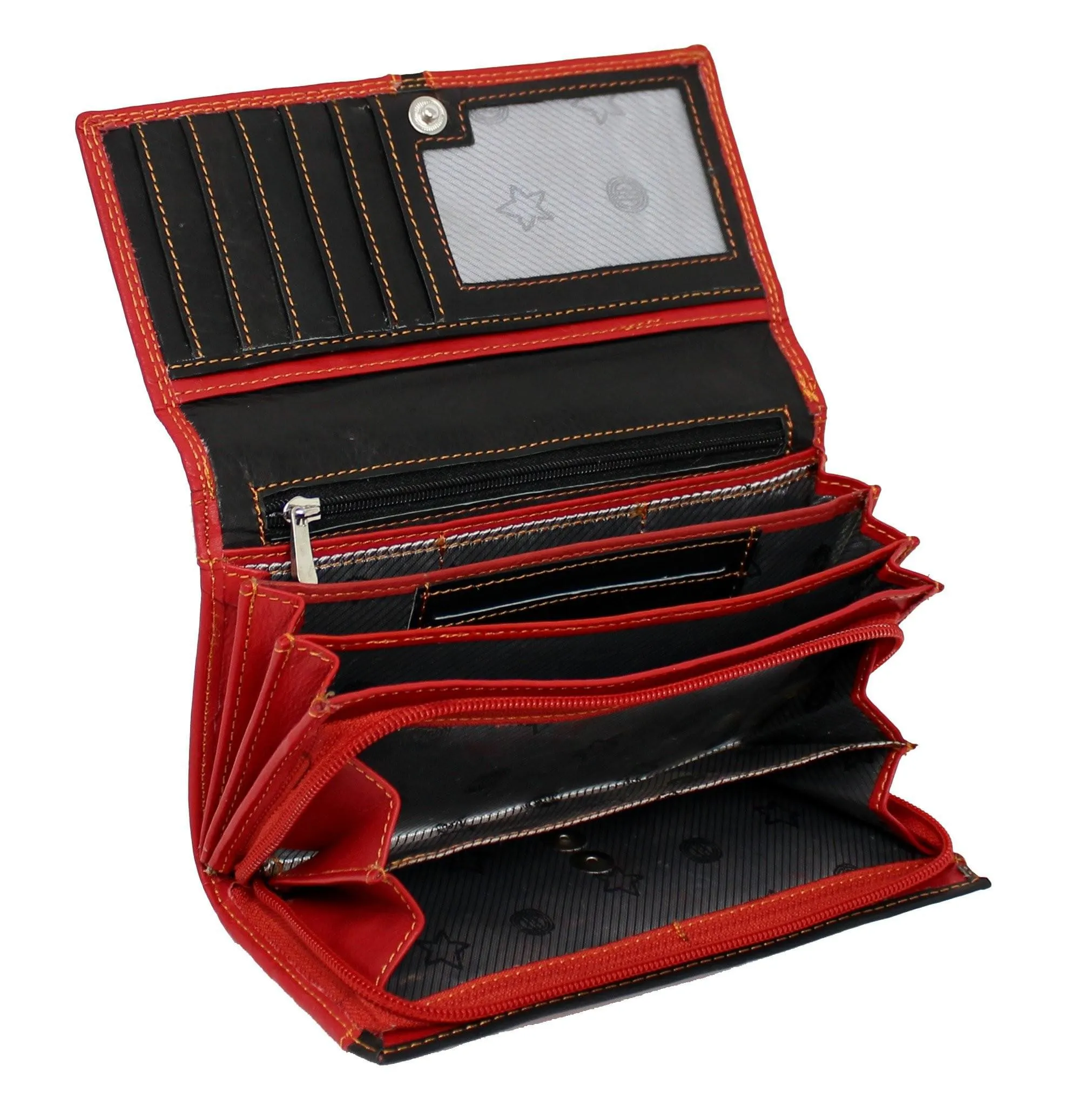 Women Genuine Leather RFID Clutch Wallet Red Black