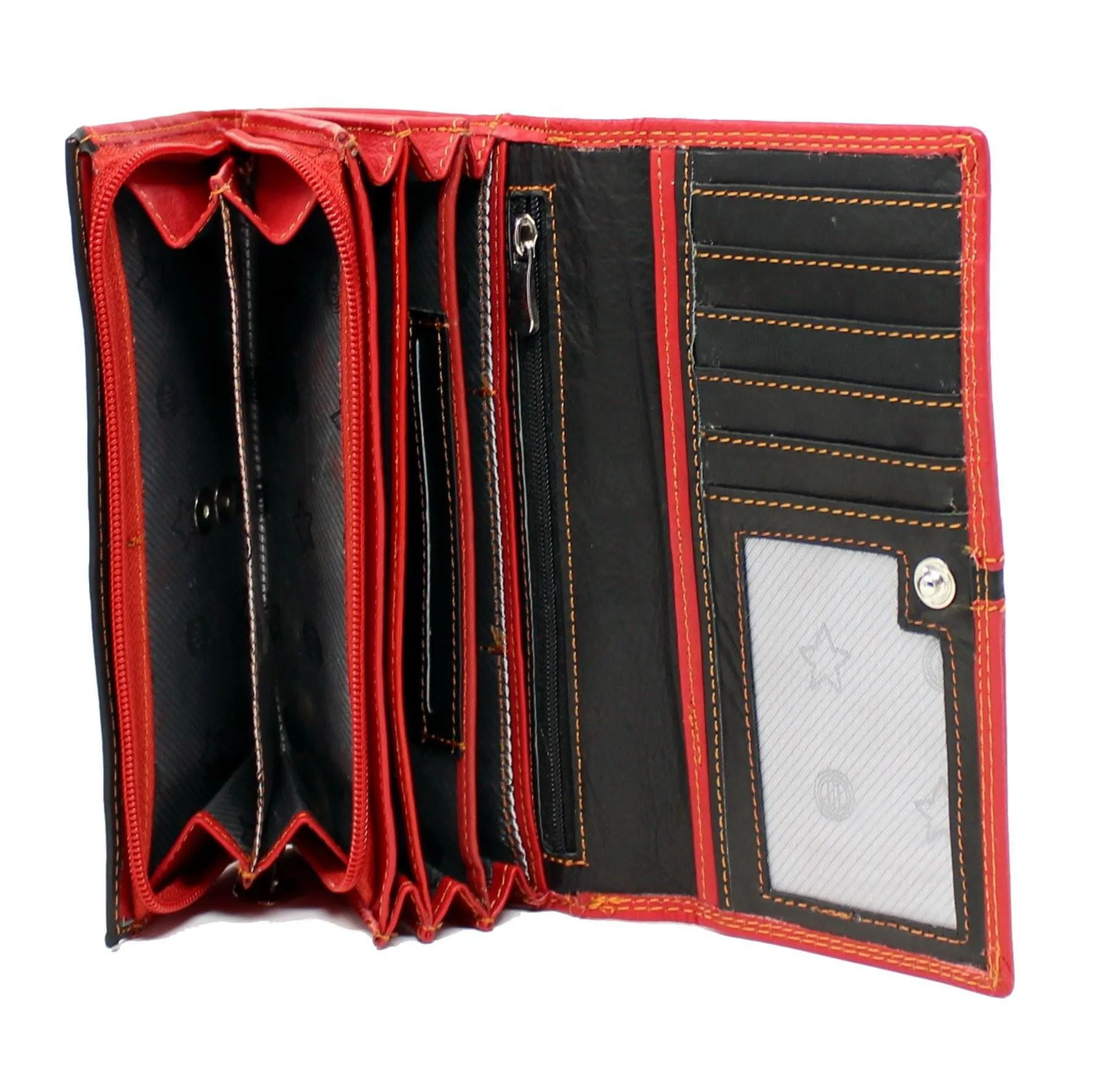Women Genuine Leather RFID Clutch Wallet Red Black
