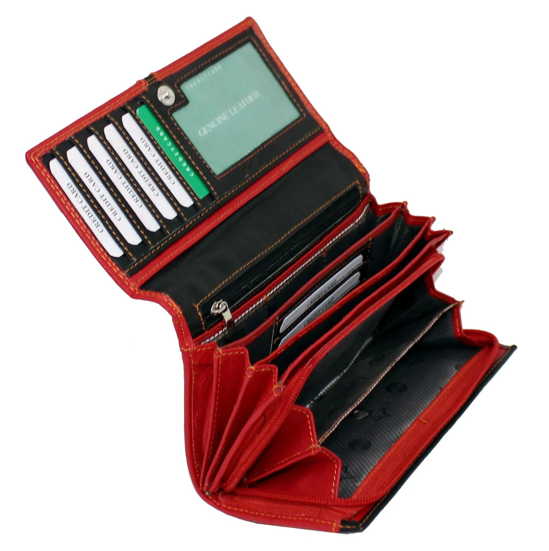 Women Genuine Leather RFID Clutch Wallet Red Black