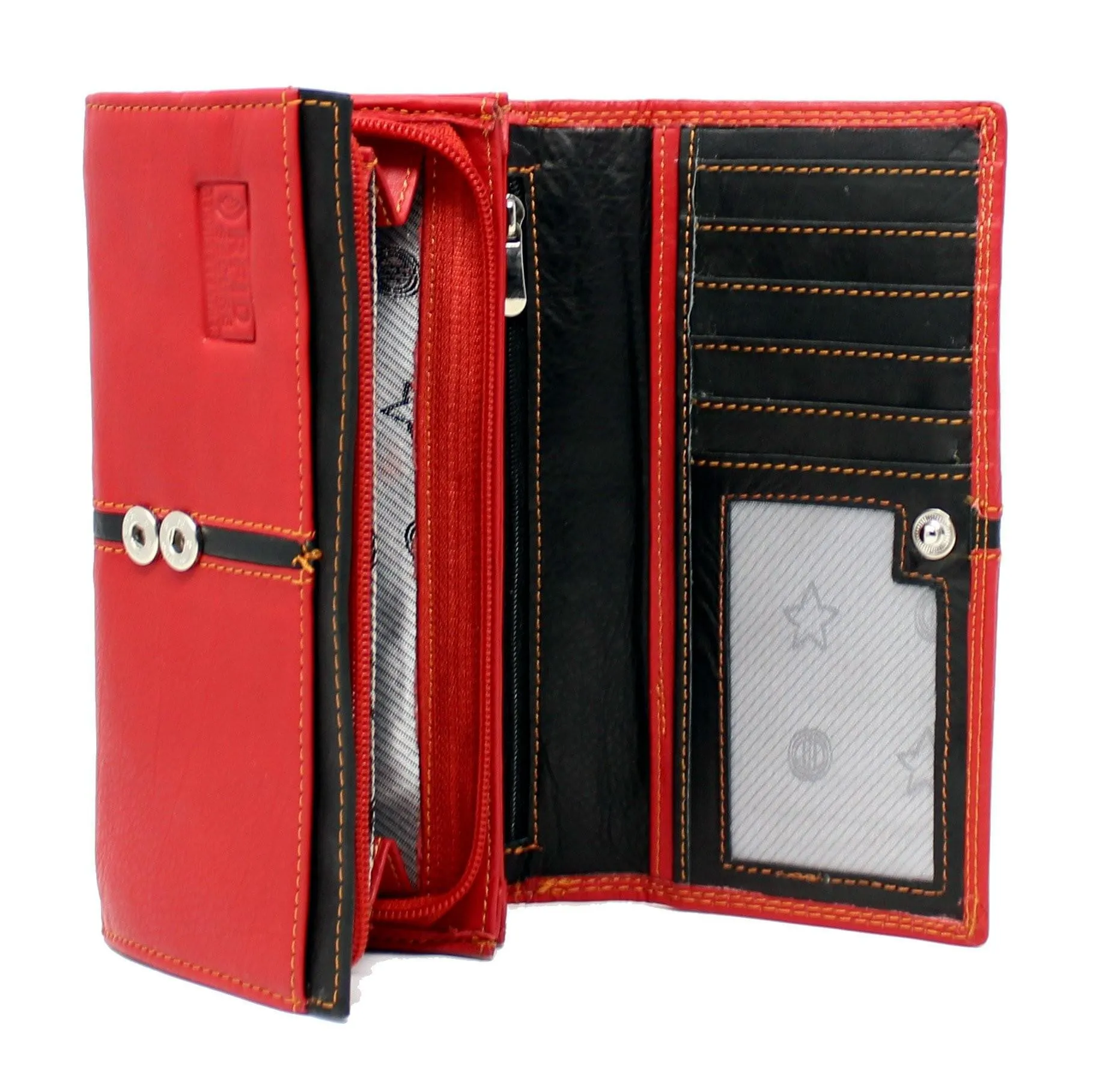 Women Genuine Leather RFID Clutch Wallet Red Black
