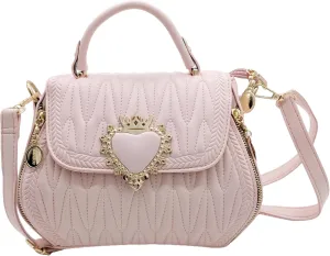 Women Leather Quilted Handbag Top Handle Satchel Bag with Heart Crown Decoration