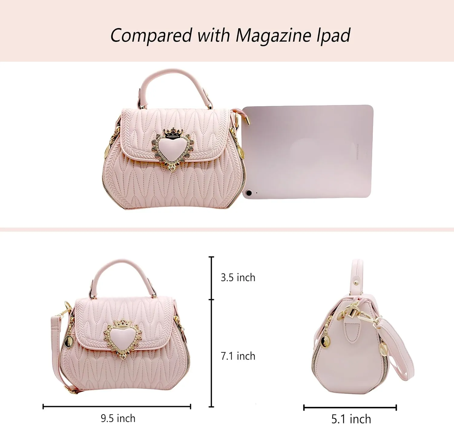 Women Leather Quilted Handbag Top Handle Satchel Bag with Heart Crown Decoration