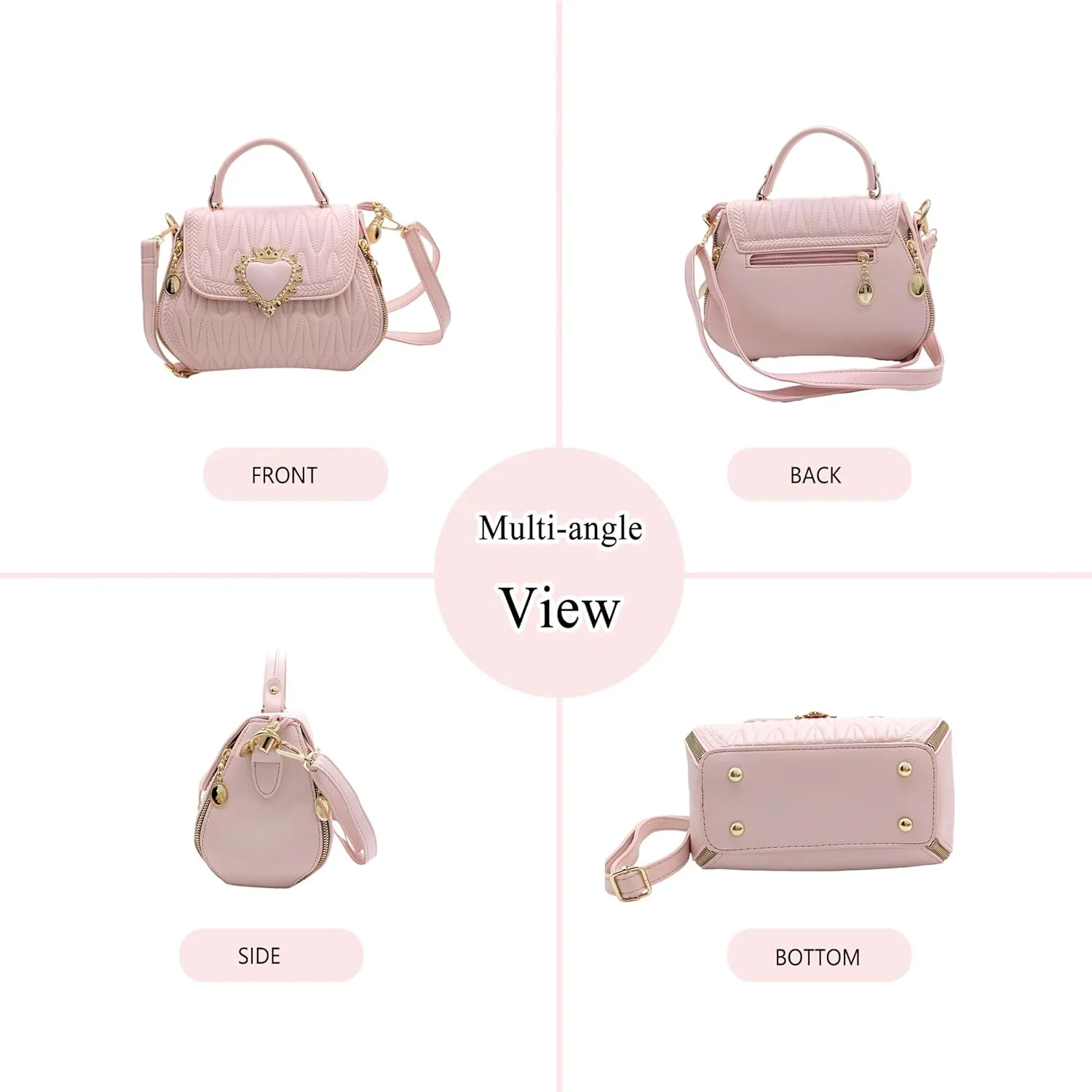 Women Leather Quilted Handbag Top Handle Satchel Bag with Heart Crown Decoration