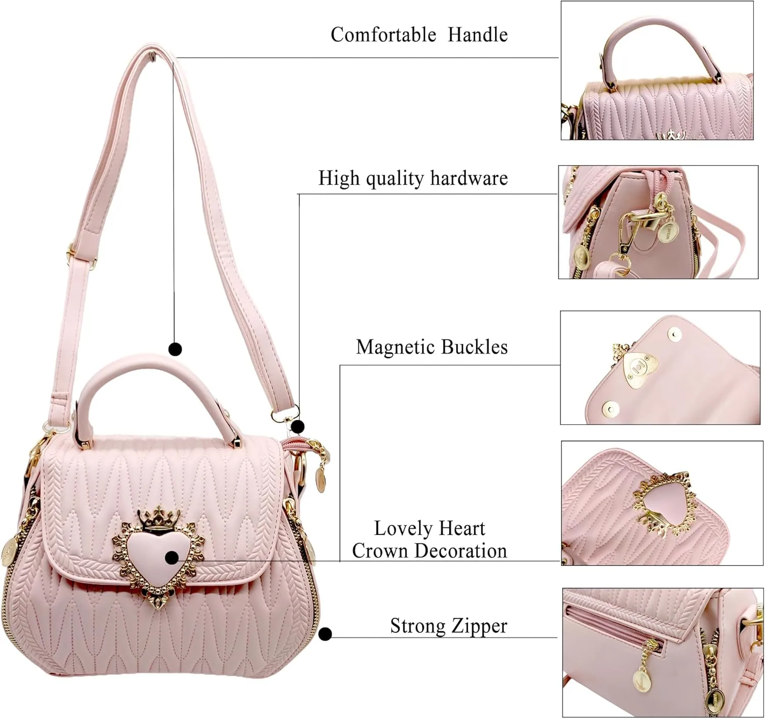 Women Leather Quilted Handbag Top Handle Satchel Bag with Heart Crown Decoration