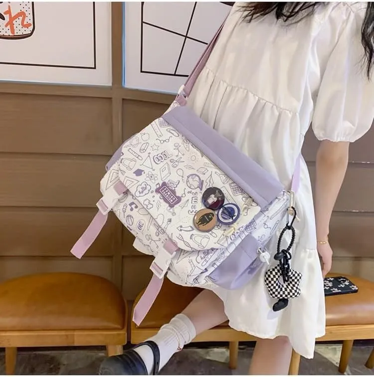 Women Men Crossbody Shoulder Bag Nylon Messenger Bag Doodle Print Color Shoulder Bag Multi-pocket Portable Bag (Purple)