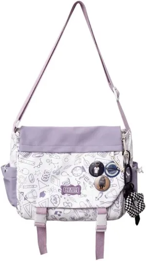 Women Men Crossbody Shoulder Bag Nylon Messenger Bag Doodle Print Color Shoulder Bag Multi-pocket Portable Bag (Purple)